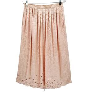VTG Nancy Johnson 100% Silk Pink Pleated Floral Print Lace Applique Skirt Sz 10